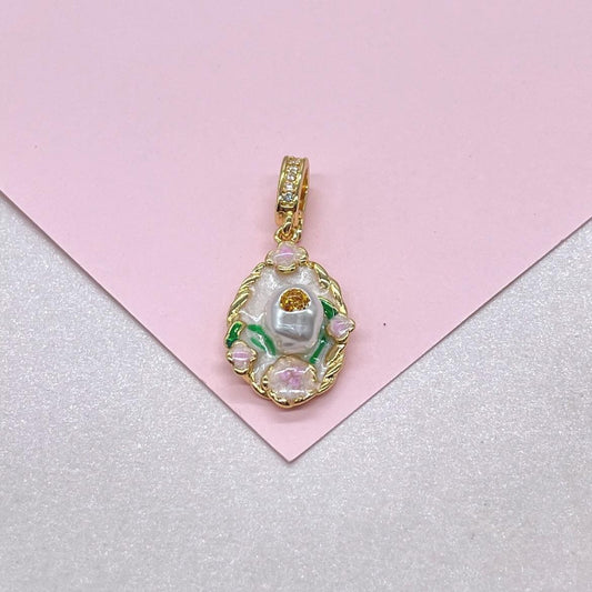 18k Gold Colorful Handmade Enamel Charms with Faux Pearls and Floral Detail