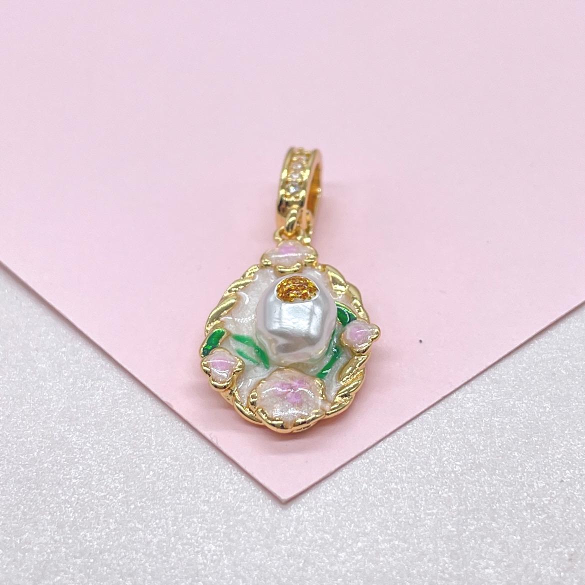 18k Gold Colorful Handmade Enamel Charms with Faux Pearls and Floral Detail