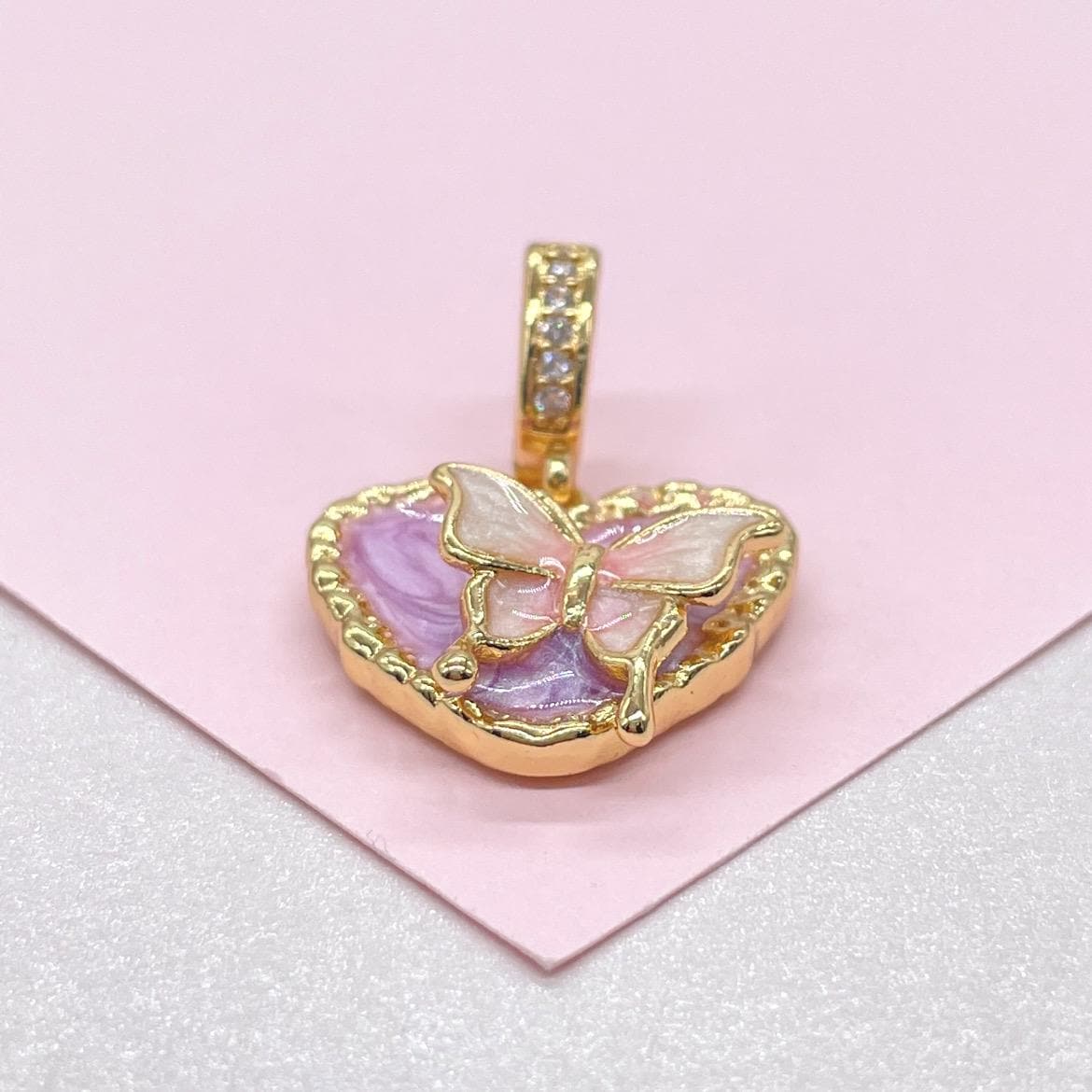 18k Gold Colorful Enamel Heart Charm with 3D Butterfly Details