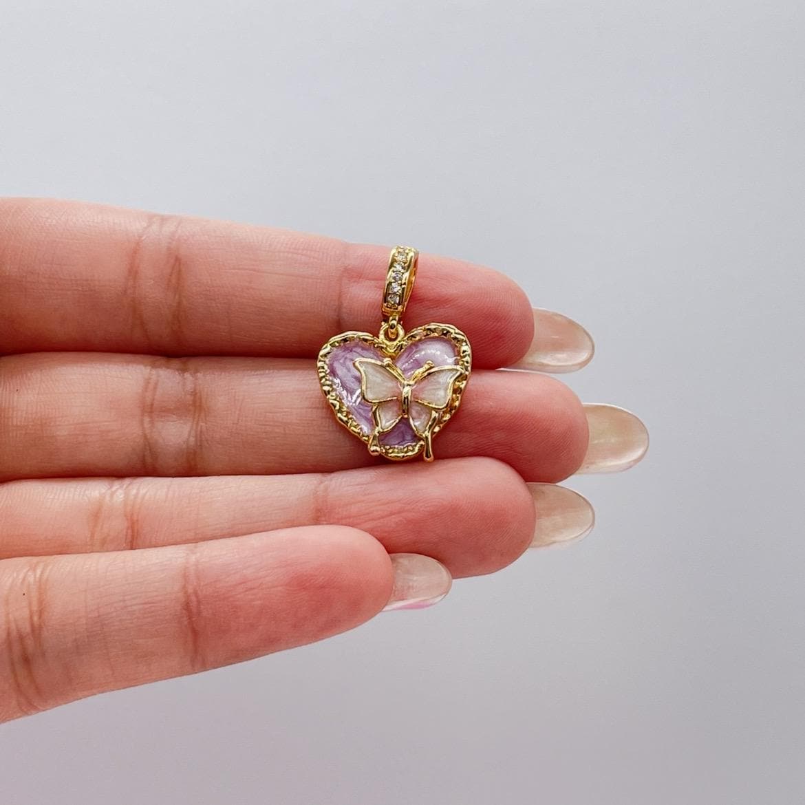 18k Gold Colorful Enamel Heart Charm with 3D Butterfly Details