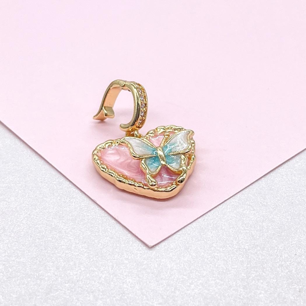 18k Gold Colorful Enamel Heart Charm with 3D Butterfly Details