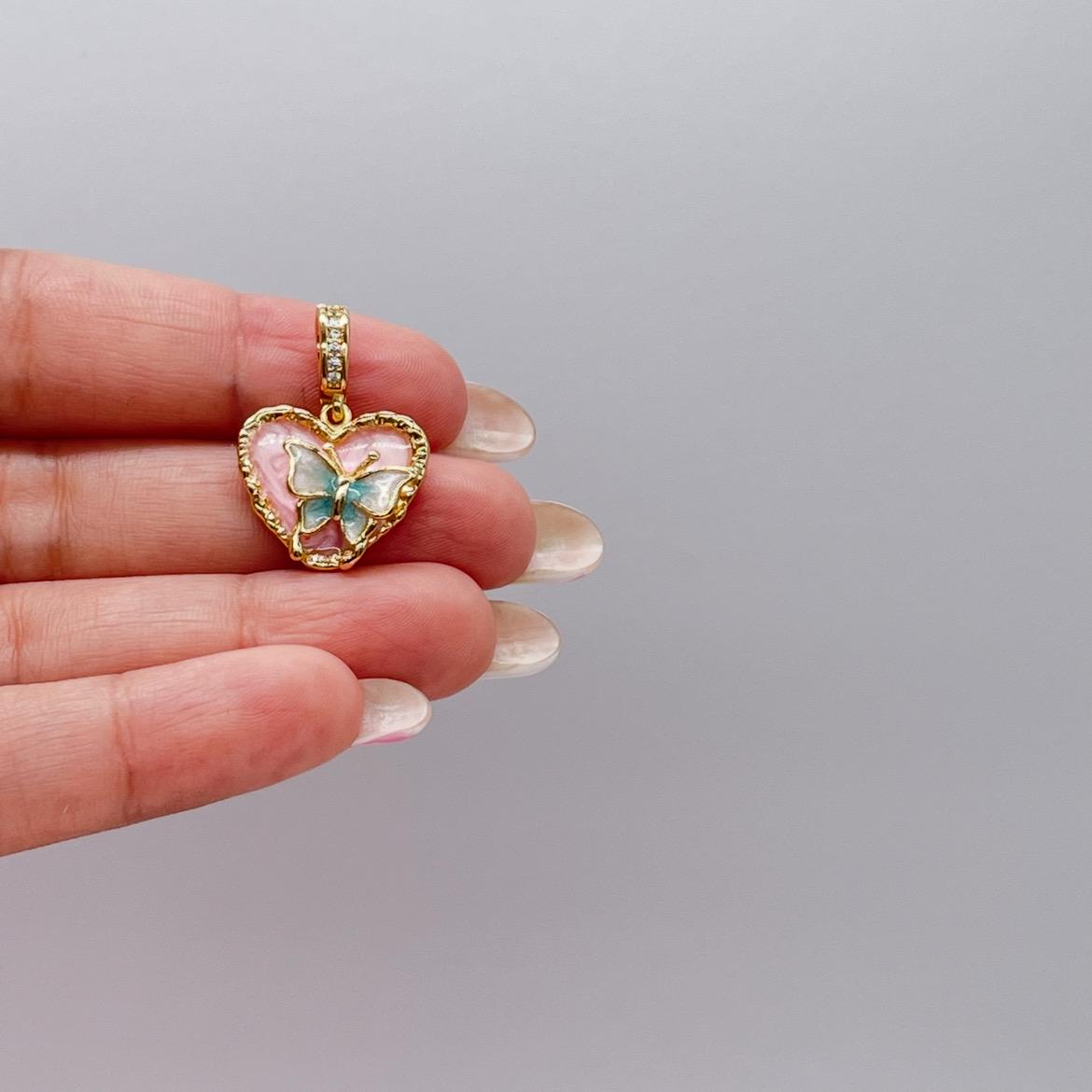 18k Gold Colorful Enamel Heart Charm with 3D Butterfly Details
