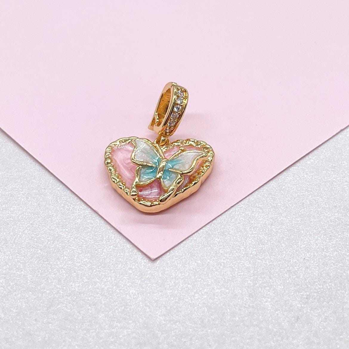 18k Gold Colorful Enamel Heart Charm with 3D Butterfly Details