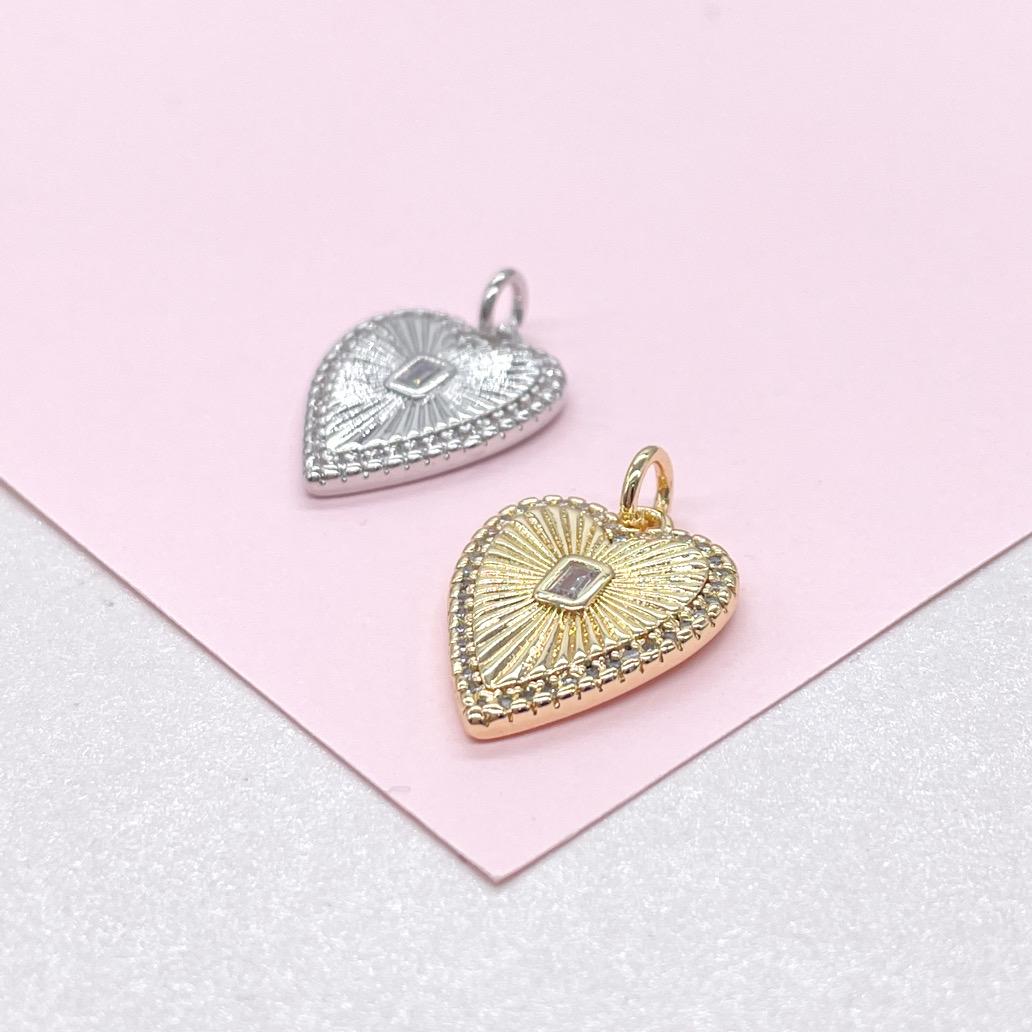 18k Gold Filled Sunburst Heart Charm with Bezel Emerald Cut CZ