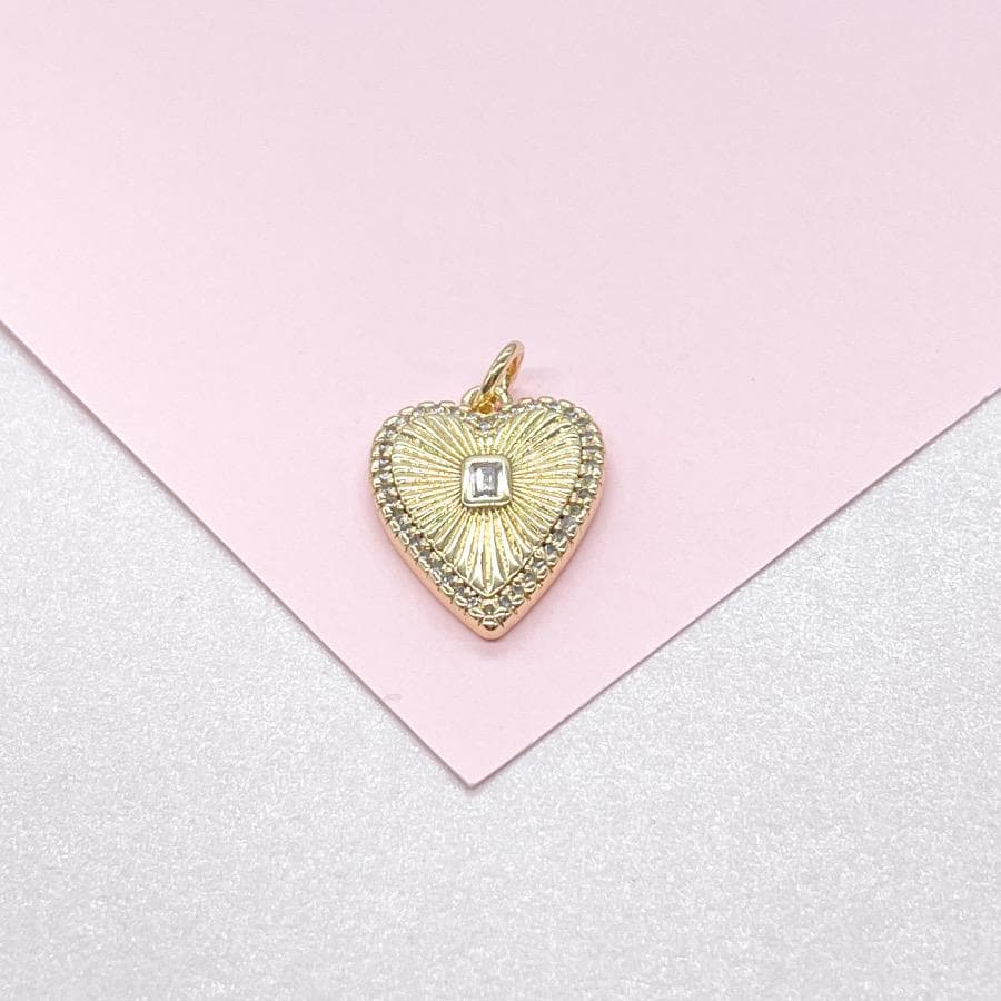 18k Gold Filled Sunburst Heart Charm with Bezel Emerald Cut CZ
