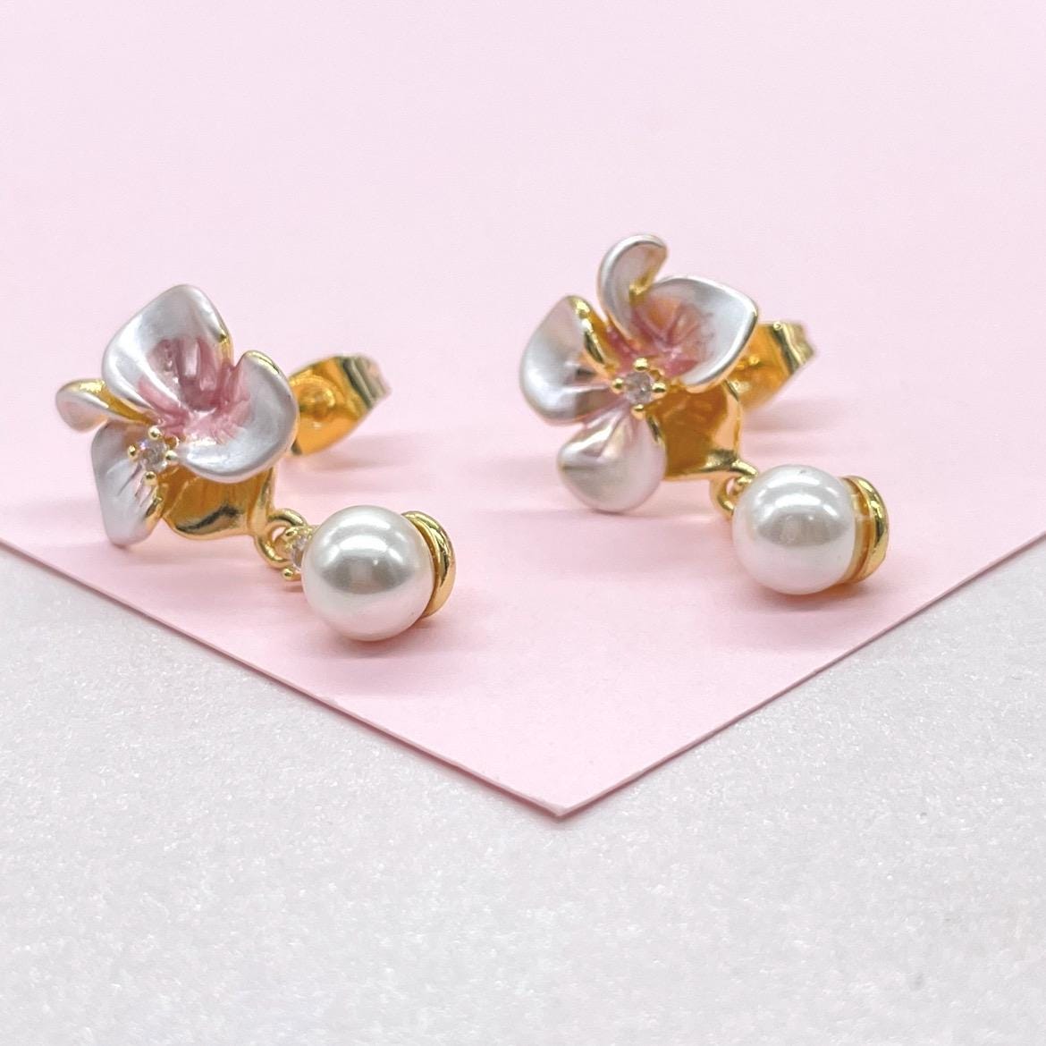 18k Gold Filled Hand Painted, Hibiscus Flower Earring with Dangling Faux Pearl