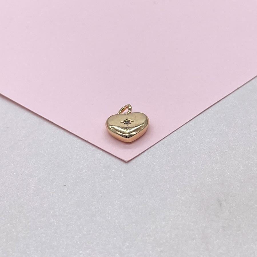 18k Gold Filled Smooth, Puffy Mini Heart Charm with Beveled Heart Stone, DIY charms