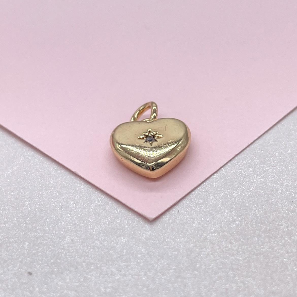 18k Gold Filled Smooth, Puffy Mini Heart Charm with Beveled Heart Stone, DIY charms