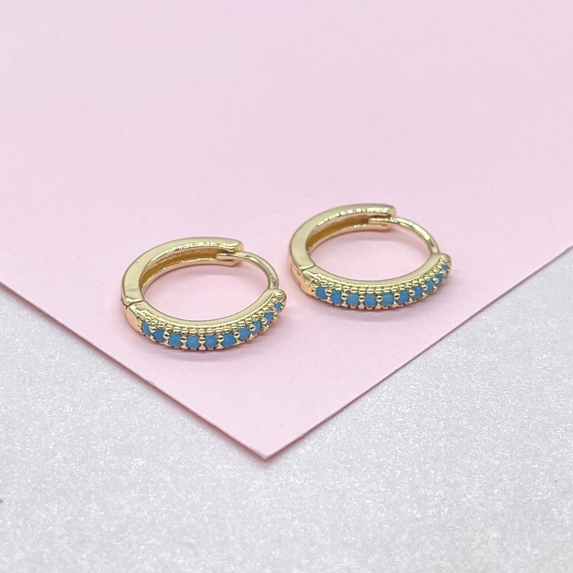 18k Gold Filled Turquoise Pave 15mm Hoop Earrings