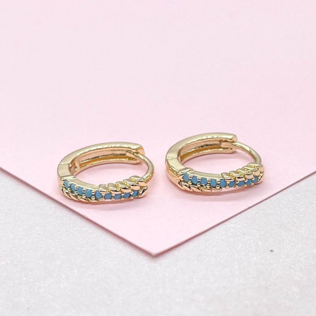 18k Gold Filled Turquoise Pave 15mm Hoop Earrings, Narrow Row Style