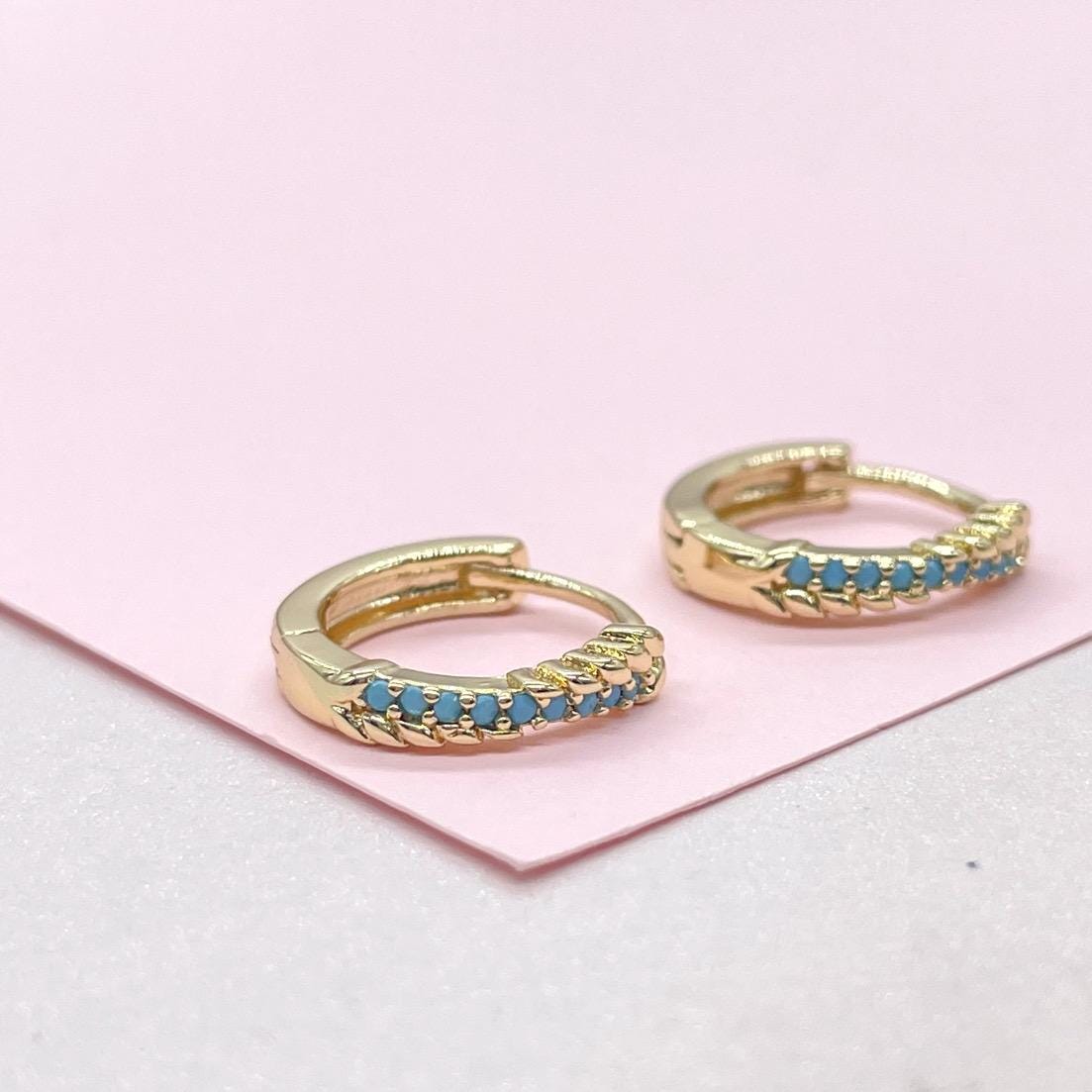 18k Gold Filled Turquoise Pave 15mm Hoop Earrings, Narrow Row Style