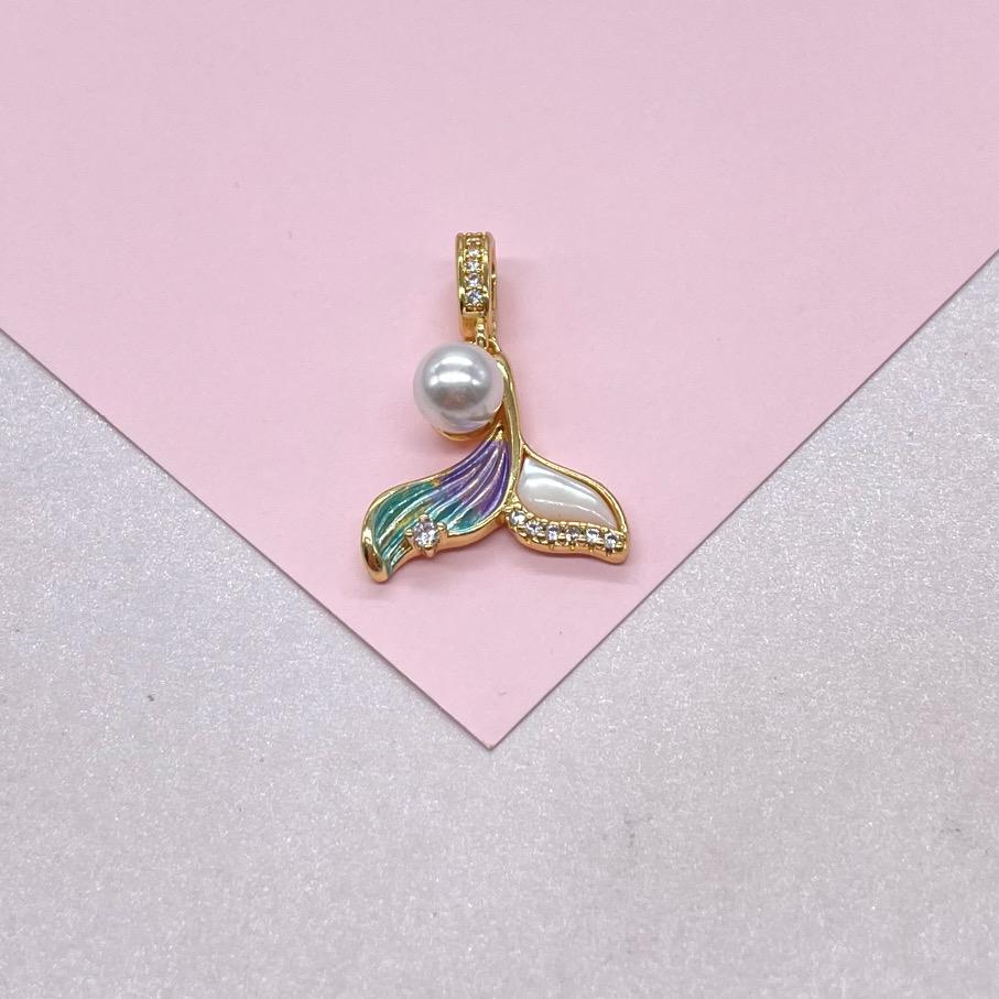18k goldfilled mermaid tail charm with enamel, Faux Pearl and cz