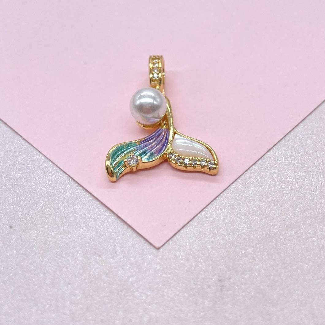 18k goldfilled mermaid tail charm with enamel, Faux Pearl and cz
