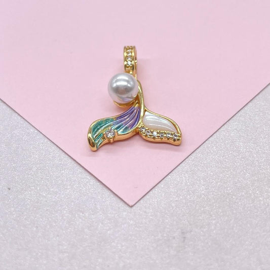 18k goldfilled mermaid tail charm with enamel, Faux Pearl and cz