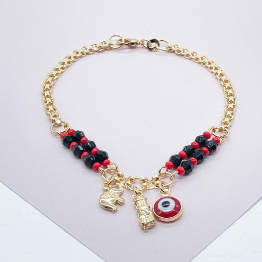 18k Gold Layered Protection "Figa" Hand, Red Evil Eye, Luck Elephant Charm