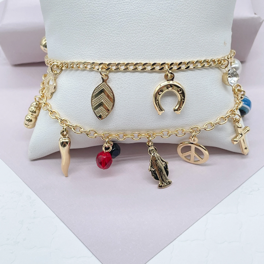 18K Gold Filled Multi Charm Good Luck ,money Bracelet 7,25 Long, Gold  Filled Charm/pulsera De Buena Suerte En Gold Filled 7,25 Largo B91 