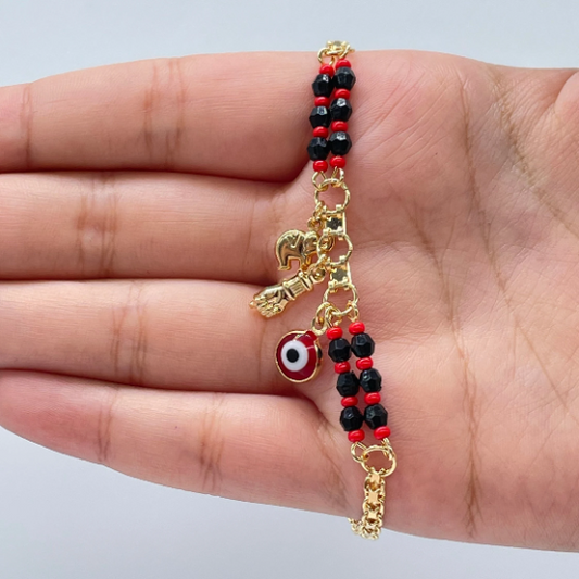 18k Gold Layered Protection "Figa" Hand, Red Evil Eye, Luck Elephant Charm