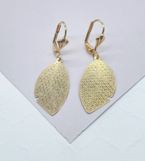 18k Gold Layered Flat Leaf Dangling Earrings