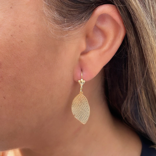18k Gold Layered Flat Leaf Dangling Earrings
