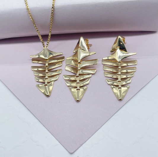 18k Gold Filled Shark-Bone Skeleton Set - Necklace and Earrings