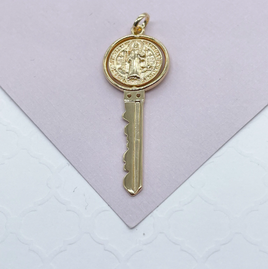 Swivel Double Sided 18k Gold Layered San Benito Engraved Key Pendant