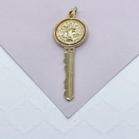 Swivel Double Sided 18k Gold Layered San Benito Engraved Key Pendant