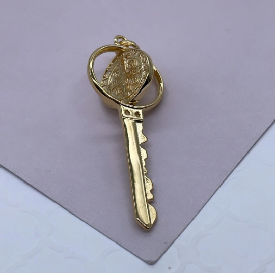 Swivel Double Sided 18k Gold Layered San Benito Engraved Key Pendant