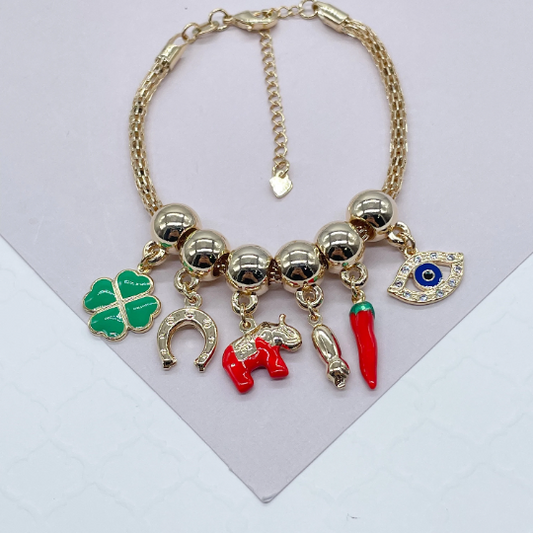 18k Gold Filled Charm Bracelet Featuring Red Elephant, Blue Evil Eye, & 4-Leaf Clover Wholesale Jewelry Supplies