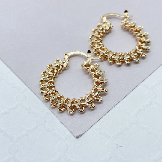 18k Gold Layered Flat Chain Twisted Wrapped Hoops