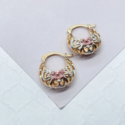 18k Gold Layered Tri-Colored Thick Open Hollow Hoop Earrings With Floral Design