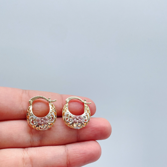 18k Gold Layered Tri-Colored Thick Open Hollow Hoop Earrings With Floral Design