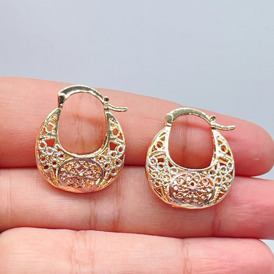 18k Gold Layered Tri-Colored Hollow Big Sized Hoops With See-Through Designs