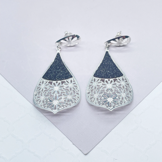 Silver Layered Tear Drop Dangling Earrings with Sparkling Black Detail