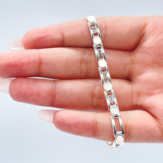 18k Silver Layered Link Bracelet Patterned With Zirconia