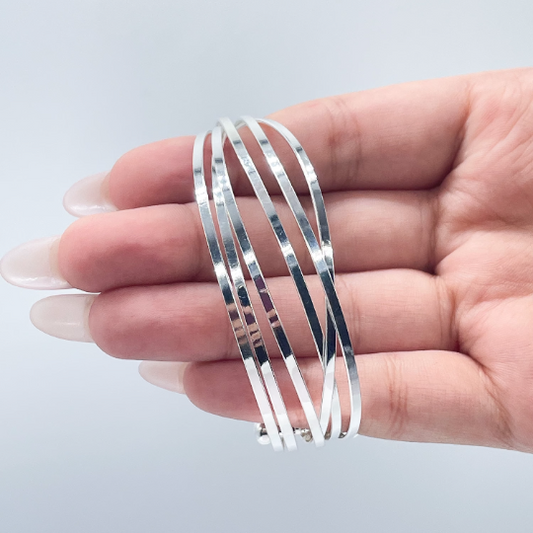 18k Silver Layered Bangle With Thin Smooth Layers