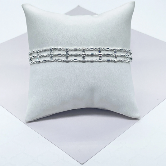 18k Silver Layered Silver 3 layered Dash & Dot Bracelet Patterned With Zirconia Stones