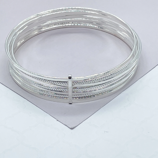 18k Silver Layered Silver Bangle Bracelet With Smooth and Textured Thin Layers
