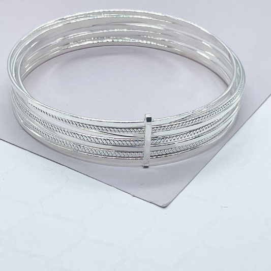 18k Silver Layered Silver Bangle Bracelet With Smooth and Textured Thin Layers