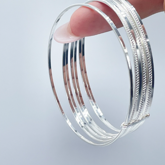 18k Silver Layered Silver Bangle Bracelet With Smooth and Textured Thin Layers