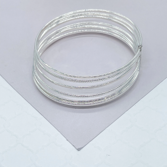 18k Silver Layered Silver Bangle Bracelet With Smooth and Textured Thin Layers