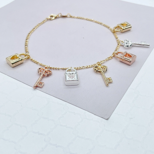 18k Gold Layered Tri-Color Lock & Key Charms Anklet