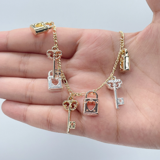 18k Gold Layered Tri-Color Lock & Key Charms Anklet