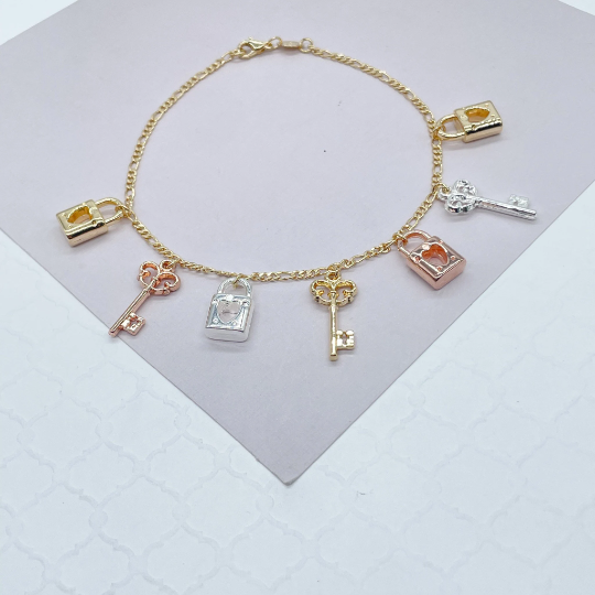 18k Gold Layered Tri-Color Lock & Key Charms Anklet