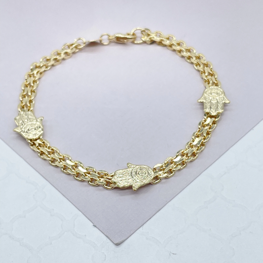 18k Gold Layered Bismarck Chain Bracelet Stamped With Hamsa Hand