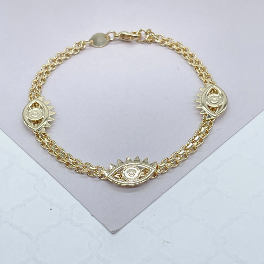 18k Gold Layered Bracelet with three plain Evil Eye Charms