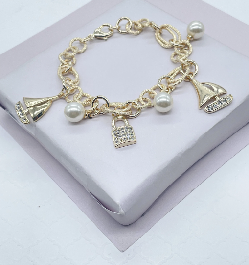 18k Hold Layered Sea Life Charm Bracelet, With Pearl Charms and Sailing Boats