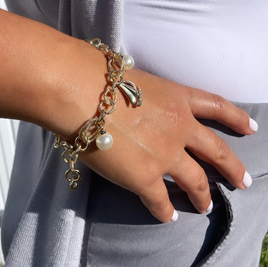 18k Hold Layered Sea Life Charm Bracelet, With Pearl Charms and Sailing Boats