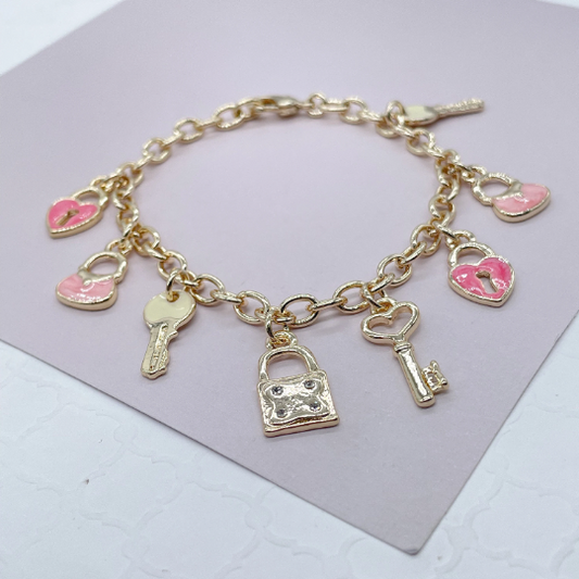 18k Gold Layered Pink Charm Bracelet With Heart & Keys Wholesale Jewelry