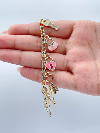 18k Gold Layered Pink Charm Bracelet With Heart & Keys Wholesale Jewelry