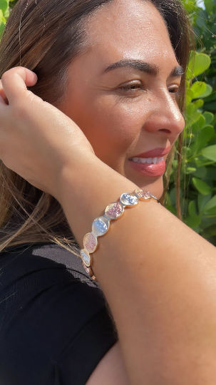 18k Gold Layered Beaded Bangle Bracelet Patterned With Virgin Mary and Butterfly